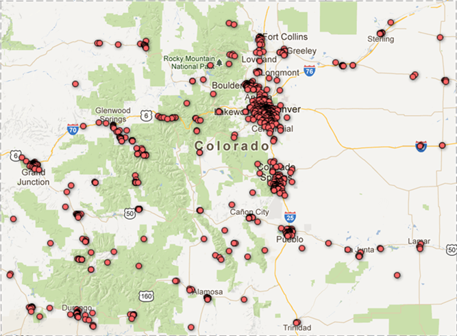 Map showing the location of charities in CO with total revenue $200,000 and up. Map based on data collected for over 10,000 organizations; for detail, order a copy of the data CD