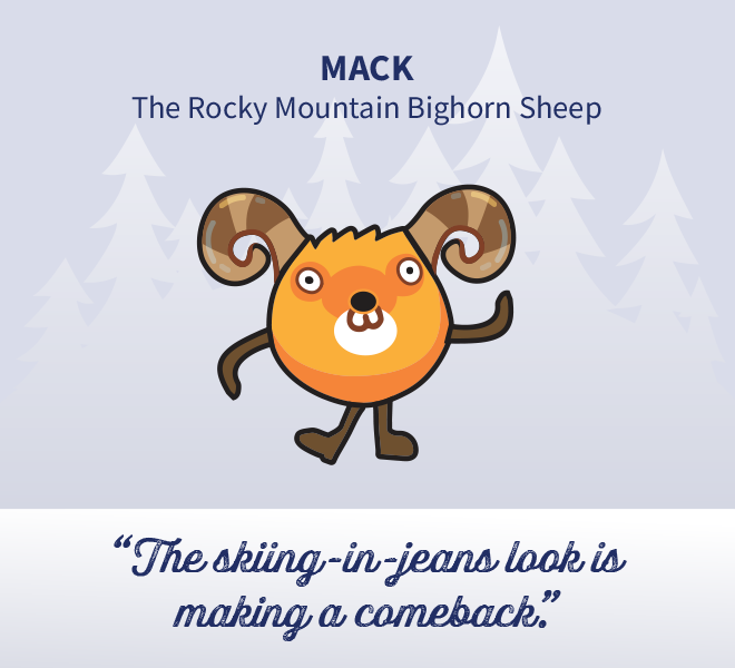Mack, the Rocky Mountain Bighorn Sheep: "The skiing-in-jeans look is making a comeback."
